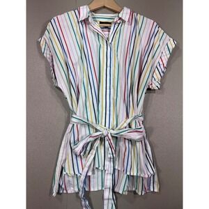 J.Crew Womens Rainbow Stripe Short Sleeve Tie Waist Button Down Shirt Large